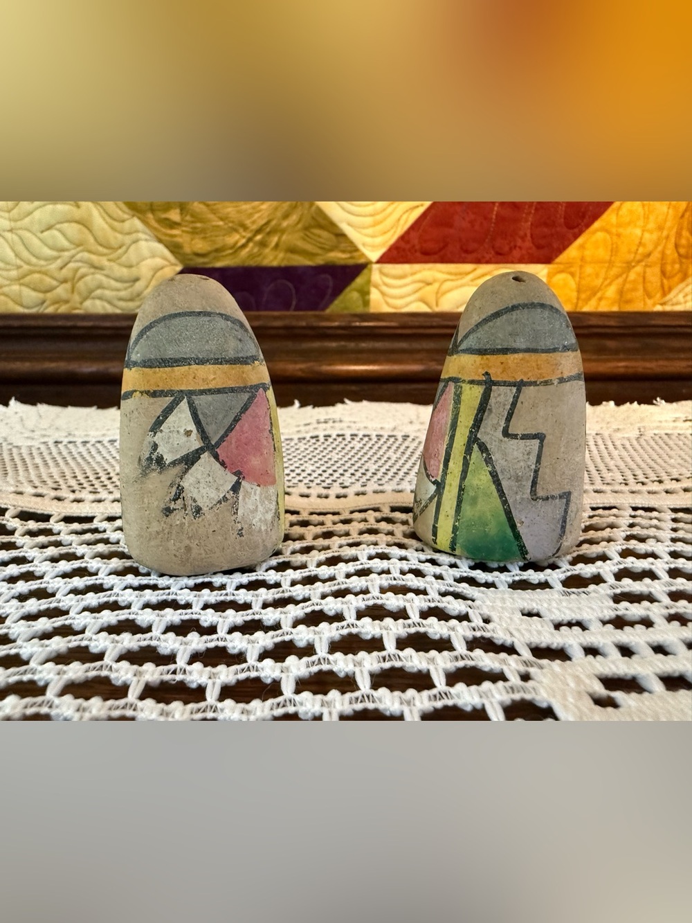 Vintage Hand-Painted Aztec Southwestern Style Clay Salt & Pepper Shakers Set